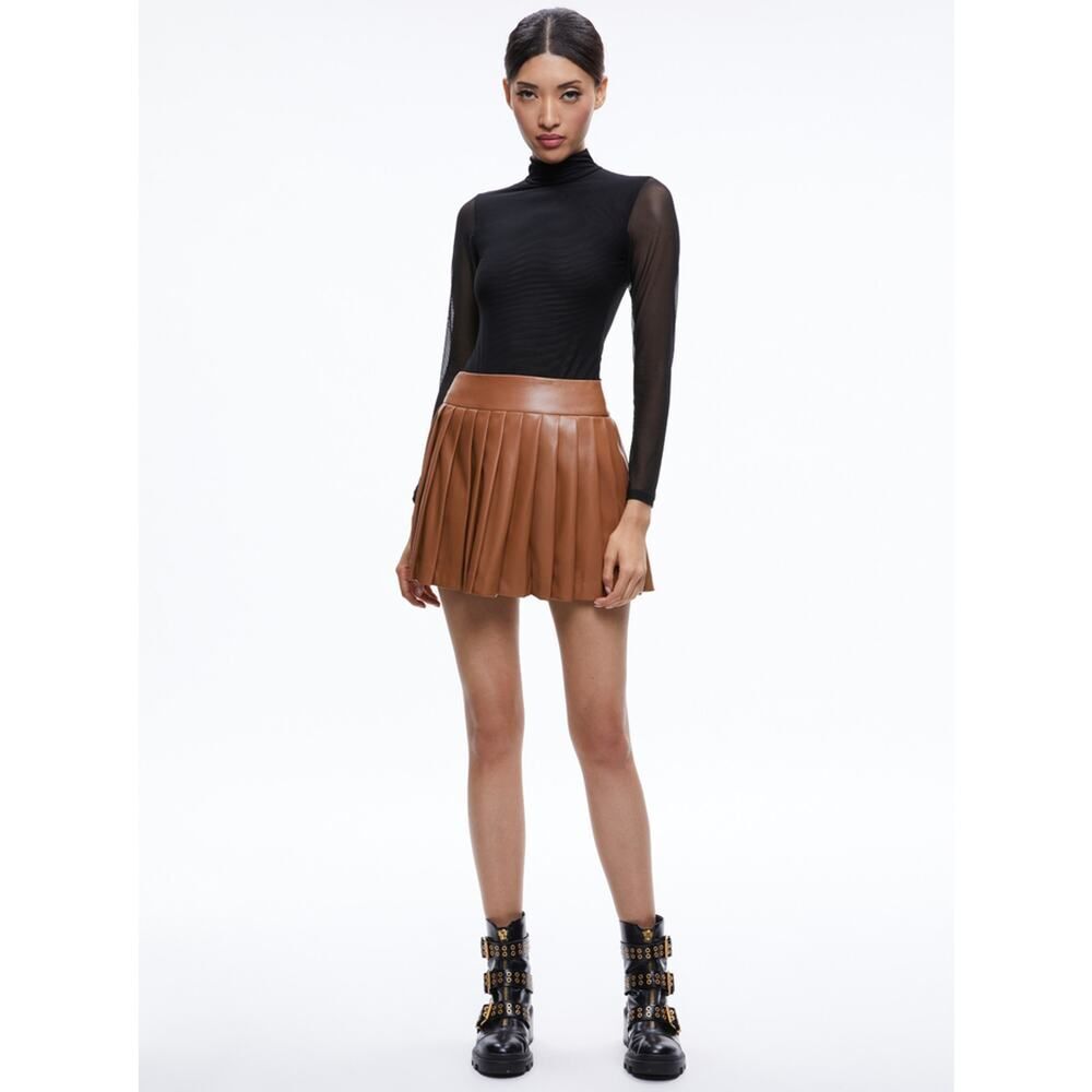 Alice + Olivia Pura Vegan Leather Pleated Skort Camel Brown 12 - Picture 3 of 6